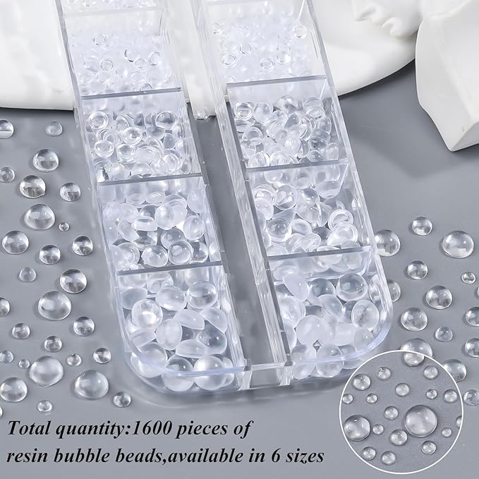 1600Pcs 3D Mixed Sizes Bubble Beads Nail Charms Jewelry, 2-6mm 3D Semi-Circular Dewdrop Water Droplets Bubble Balls Flatback Rhinestones Jewels Gems with Pickup Tools for Nails DIY Crafts(15-K1-beads)