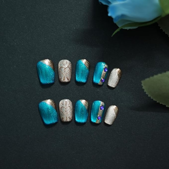 Luxury Blue Cat Eye Press on Nails, Handmade 3D Short Square Nails Glitter Blue & Gold Ombre with Heart Line Art and Rhinestone Accents for New Year,Party, Valentine's Day(Neon Cat Eye,M)