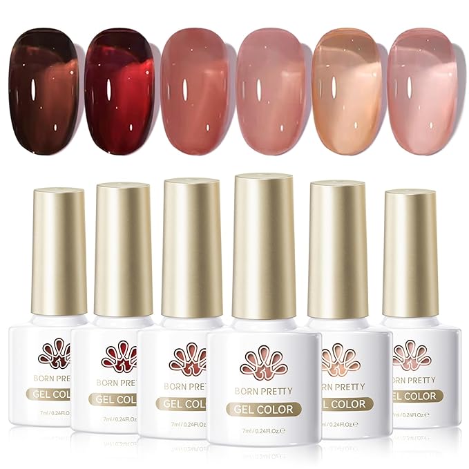 Born Pretty Jelly Gel Nail Polish Transparent Nude Pink Red Brown Burgundy Blood Wine Red 6 Colors Sheer Gel Polish Kit for Salon Manicure and Nail Art DIY at Home