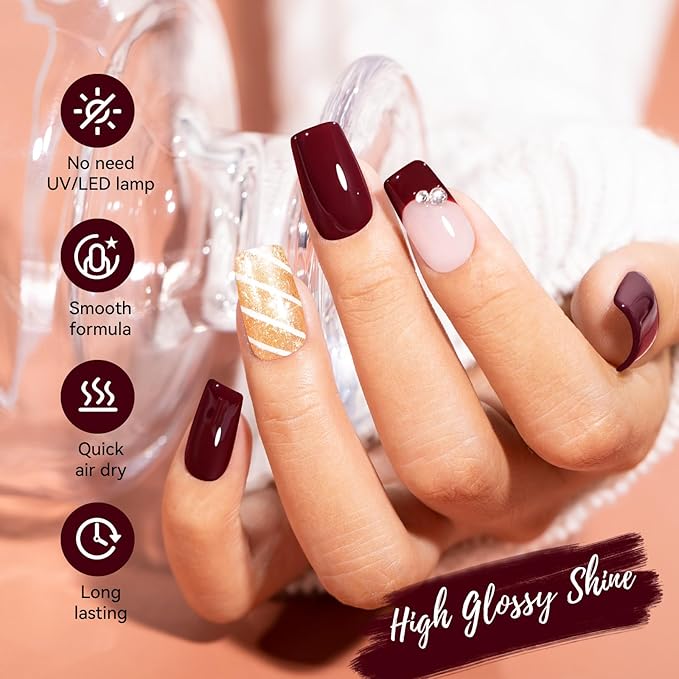Wine Red Sparkle Champagne Nail Polish Duo, Fast Air Dry Burgundy Nail Polish, Opaque Dark Red, Non-Gel, Crème, Toxic-free Long Lasting Glossy Nails Art for Home DIY Manicure