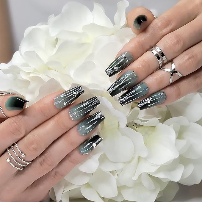 Hypnaughty 24 Pcs LUXE Black and Green Ombre Luxury Rhinestone Coffin Press on Nails with Glitter Design and Glue Long Fake Nails Black and Green Ombre Nails with Glitter and Rhinestones (LUXE)