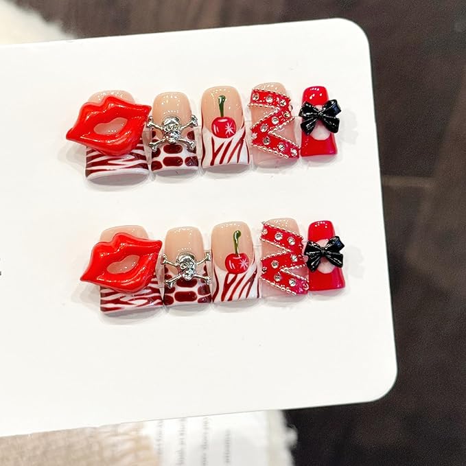 10Pcs Valentines Short Square Press on Nails Handmade Fake Nails French Red Lips Silver Skull Black Bow Design Valentine Full Cover Glue on Nails for Women