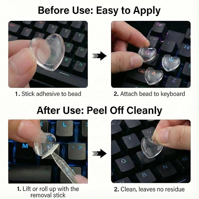 60pcs Keyboard Bubbles for Long Nails, Ergonomic Height Raised Glass Heart Key Covers, No-Residue, Reusable, Keyboard Stickers for Desktop Keyboards, External Keyboards, Calculator