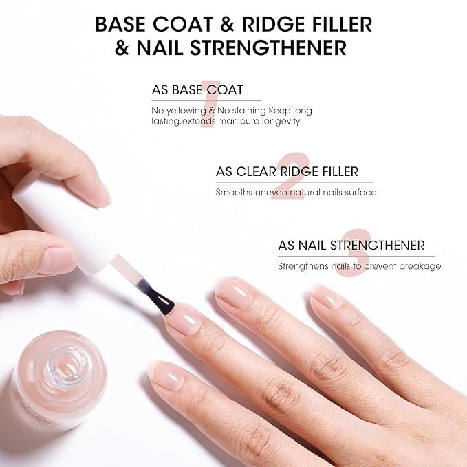 GELLEN Clear Nail Polish Ridge Filling Base Coat, Sheer Nude Tint Ridge Filler For Nails | Smooth Strengthen Nourish Damaged Dry Finger Nails | Shea Butter, Vit E, Protein | Toxin HEMA & TPO Free