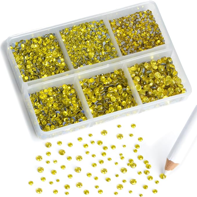 8000pcs Hotfix Rhinestones Flatback,Rhinestones for Crafts Clothes Mixed 6 Sizes, Hotfix Crystals with Wax Pencil Kit, SS3-SS12,Citrine
