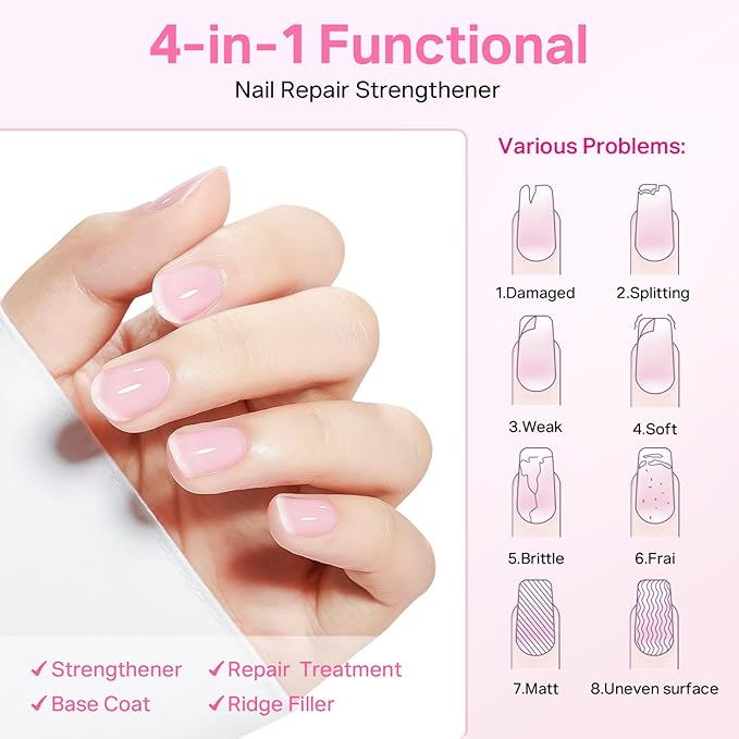 MIZHSE Nail Strengthener and Growth Nail Hardener Extra Strong and Growth, Nail Repair for Thin and Damaged Nails, Concealer Ridge Filler Foundation Polish Pink 16ML