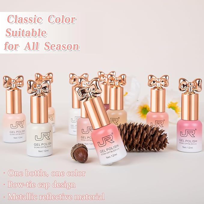 JR HEMA Free Gel Polish 12ml 10colors UV Jelly Nude Pink Gel Polish Set Soak off Gel Nail Polish Semi-Cured Long Lasting Polish Gifts for Women A