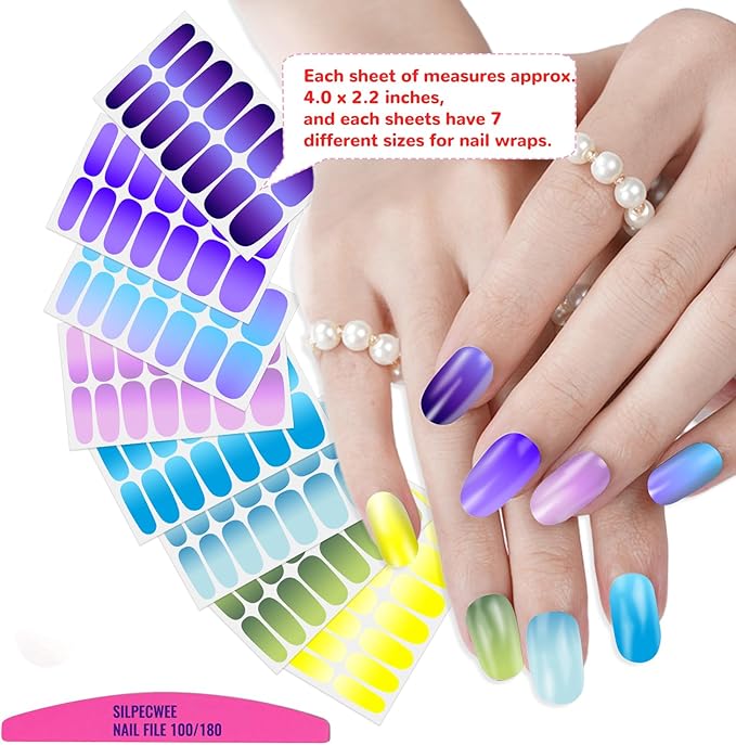 SILPECWEE 16 Sheets Nail Polish Stickers Nail Wraps for Women Gradient Color Gel Nail Stickers Self Adhesive Nail Polish Strips Fingernail Sticker with Nail File (Light Color Style)