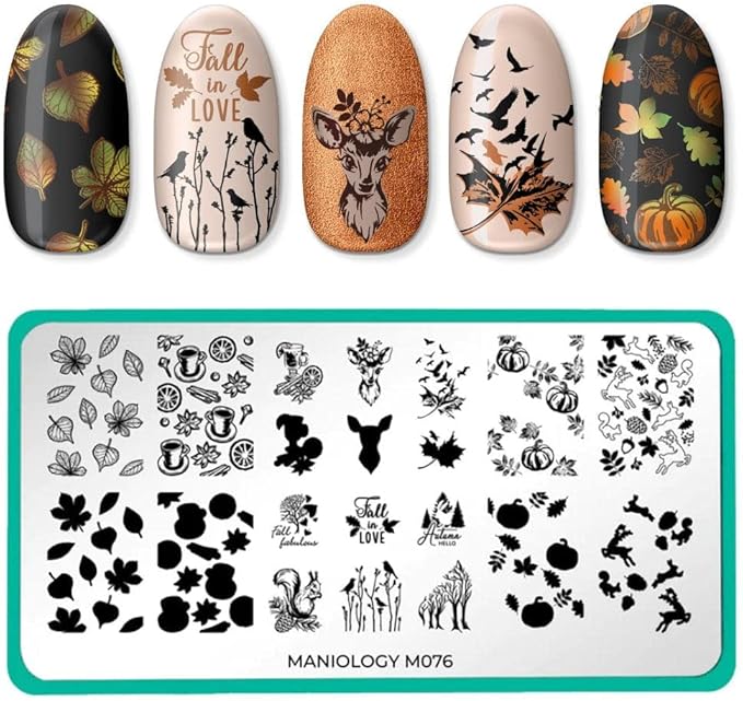 Maniology Cozy Campsite Nail Stamping Plate | Fall-Themed Designs & DIY Manicures – Reusable, Rectangular Stainless Steel Nail Art Template
