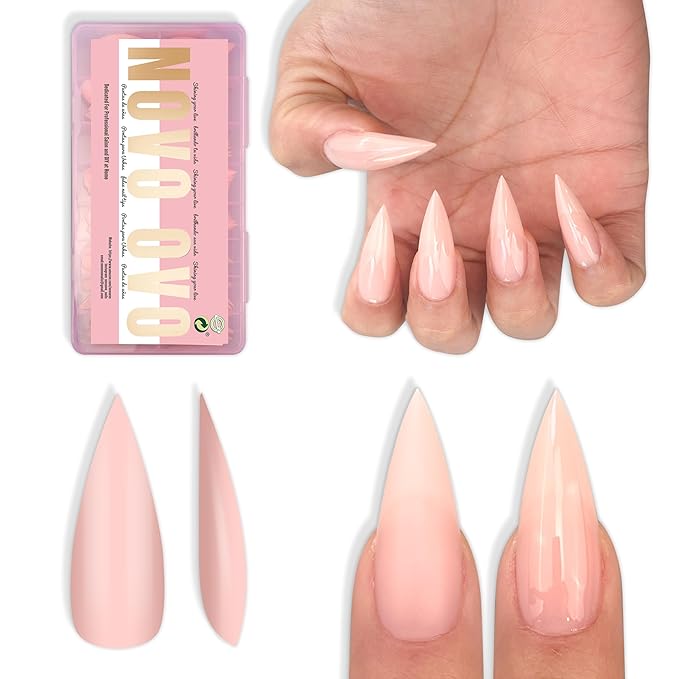 NOVO OVO Medium Long Stiletto Nail Tips (Baby Pink) - Pure Color Sharp Pointed Soft Gel Fake Nails, Pre-Colored Full Cover Press Ons for Acrylic Extension, 16 Sizes (224 Pcs)
