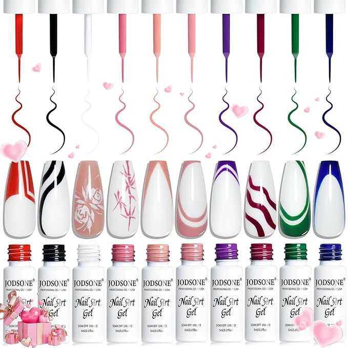 JODSONE 10pcs Nail Art Gel Liner Set,3D Nail Art Pens Effect for Fine Lines,Thin Brush Detail Polish,DIY Painted Nails at Home Salon,Liner Gel Nail Polish Valentine's Gift for Girls & Women