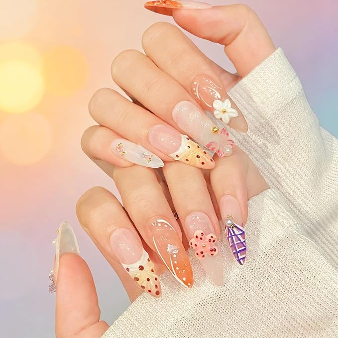 Tropical Flower Press on Nails Long Almond with Butterfly, 3D Floral French Tip Glossy Press ons for Women, Reusable Stick on Thick Acrylic Nails for Summer (Tropical Flair,M)