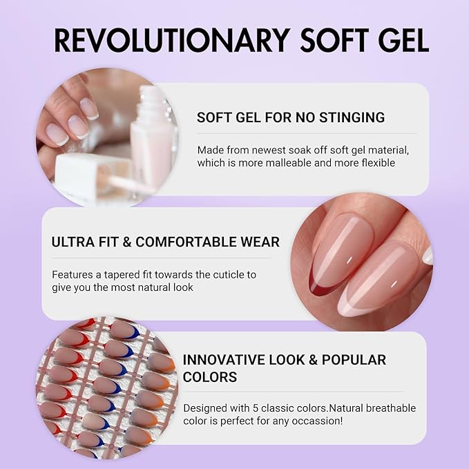 Gel French Tip Nails Short Almond French Tip Press on Nails SXVME White French Nail Tips 150Pcs Pre-applied Tip Primer Natural Skin Tones Fake Nails Extensions Gel Nail Kit for Women Girls DIY