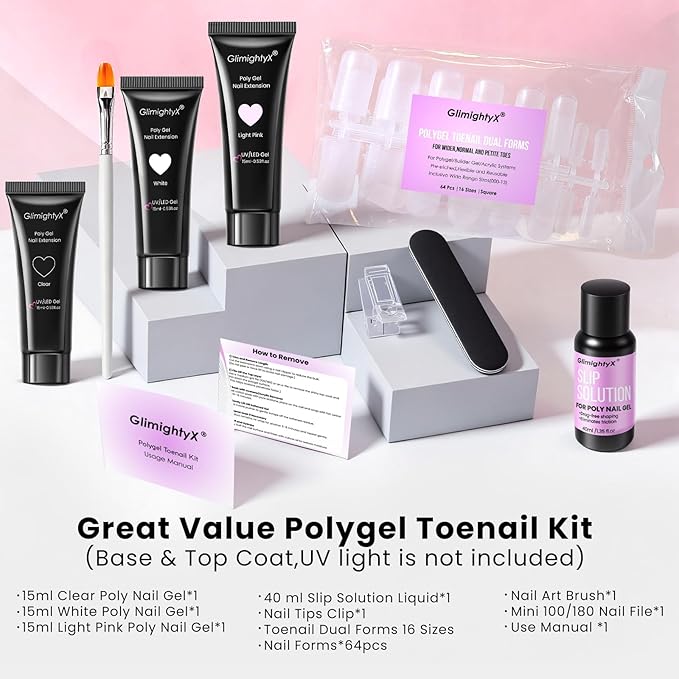 Poly Gel Nail Kit for Toes,GlimightyX Polygel Toenail Kit 3 Color Clear Pink White Poly Gel with 16 Sizes Dual Forms 40ml Slip Solution Nail Clips File Brushes,Toenail Extension DIY Salon Home