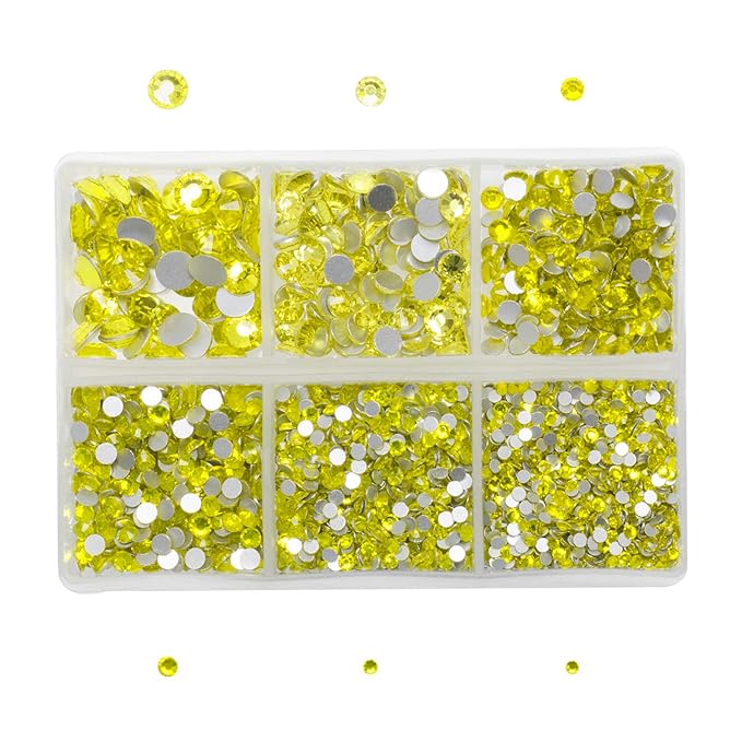 AD Beads 4300 Pieces Flat Back Nail Art Rhinestones Round Beads 6 Sizes (2-6.5mm) with Storage Organizer Box,Rhinestones Picking Pen for Nail Art Phone Decorations Crafts DIY (Citrine)