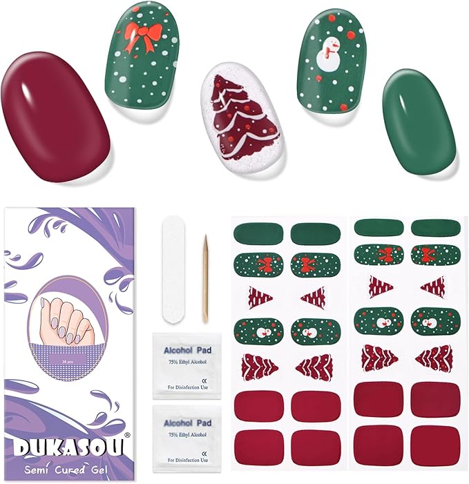 Semi Cured Gel Nail Strips, 28Pcs Christmas Nail Stickers/Wraps, Long Lasting UV Nail Polish Strips for Adults(Snowman Christmas Tree)