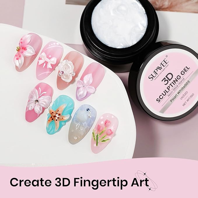 3D Nail Gel Art Pearl White,Solid Gel for Nails Art Non-Sticky Molding Nails for Extension Carving Home DIY Manicure with Nail Art Pen DIY at home