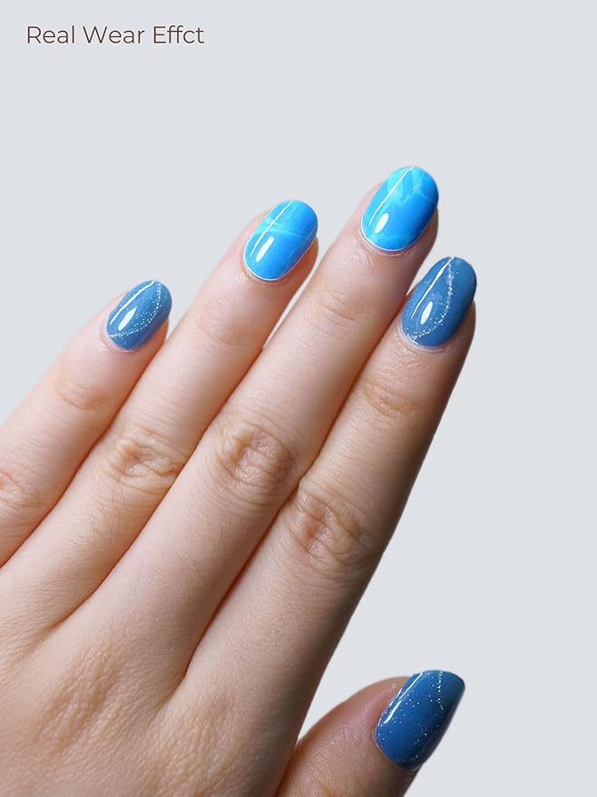 Semi Cured Gel Nail Strips - UV Light Gel Nail Stickers - 20 Long Lasting Salon Quality Wraps (Ocean Blue)