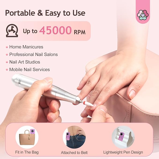 SAVILAND Professional Nail Drill Kit: 45000RPM Portable Nail File Machine for Remove Acrylic Gel Nail Rechargeable 2000 mAh Electric Nail File for Nail Salon Manicure Pedicure at Home