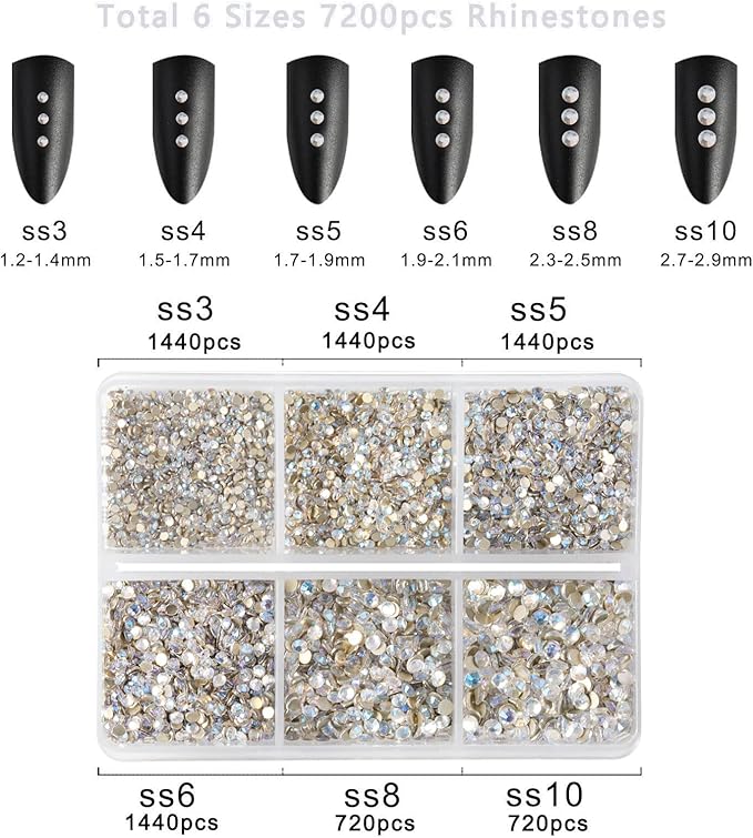 Beadsland 7200pcs Flatback Rhinestones,Glass Rhinestone Nail Gems Round Crystal Rhinestones for Crafts,Mixed 6 Sizes with Wax Pencil Kit, SS3-SS10,Blue Moonlight
