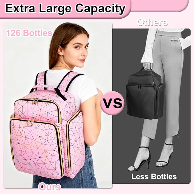 Nail Polish Organizer Backpack Holds 126 Bottles& Nail Lamp, Extra Large Nail Kit Supplies Organizer Bag with 3 Removable Cases, Portable Nail Organizers and Storage for Trave (PU Leather Pink)