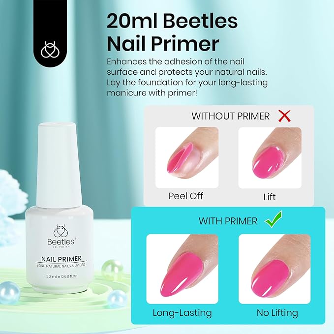 Beetles 20ml Nail Primer for Gel Polish, Hema Free Nail Prep Bond Primer Acid Free Fast Air Dry for Acrylic Uv Gel Gift for Women