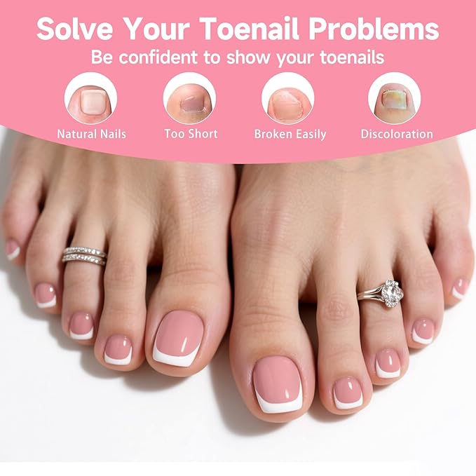Toe Press On Nails Set,240PCS Short Square False Toenails Kit, Nude French Tip Stick On Toenails Glossy Full Cover Acrylic False Toe Nails For Women Girls Nail Art DIY Gift