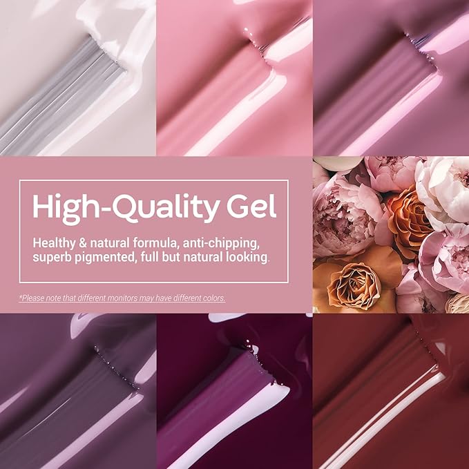 modelones Gel Nail Polish- 6 Colors Pink Brown Burgundy Red Gel Polish Set Peach Pastel Pink Nail Polish Kit Soak Off Manicure Set Nail Art Gift for Women DIY Home Salon