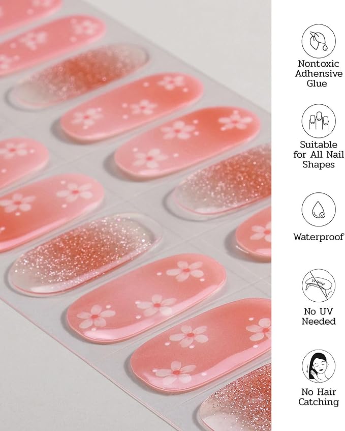 Nail Polish Strips (No UV Lamp Needed) - 22 Pcs Salon Quality Gel Nail Stickers - Long Lasting Wraps (Dusty Orange Flower)