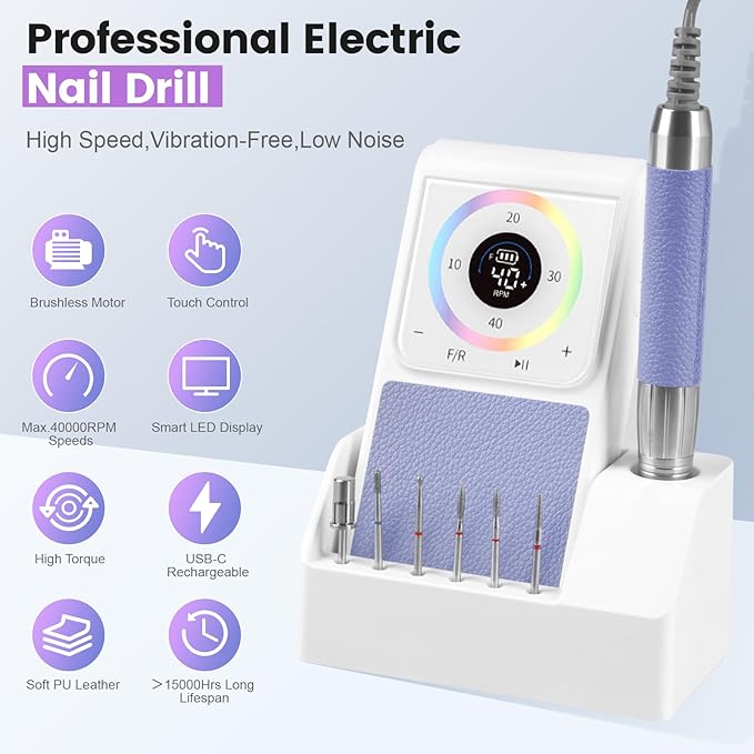 Professional Nail Drill, 40,000RPM Electric Brushless Nail Drill, Rechargeable, Portable, Touch Control, Quiet, Vibration-Free, Cordless Nail File Machine with 7PCS Drill Bits
