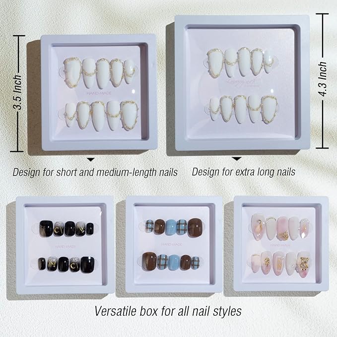 LIGHT RAIN Press on Nail Packaging Storage Box Case - 3.5 x 3.5 X 0.8 Inch 3D Floating Frame 24 pcs, Display Card 24 pcs, Pre-cut Double Sided Strong Tape 48 pcs, OPP bag 24 pcs