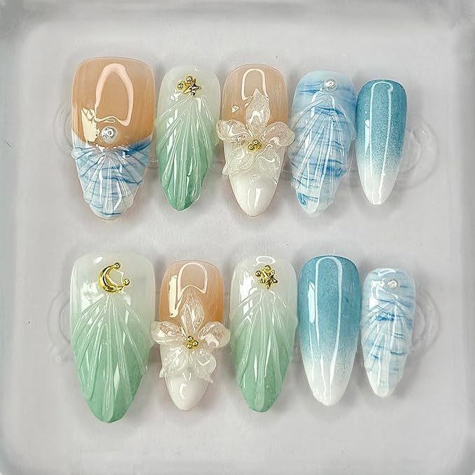 Luxury Press on Nails Medium Almond French Tip Handmade 3D Unique Reusable ABS Material Fake Nails Blue False Nails with Designs Pearls Floral Art Petal Glossy Glue on Nails Thick Acrylic Nails(S)