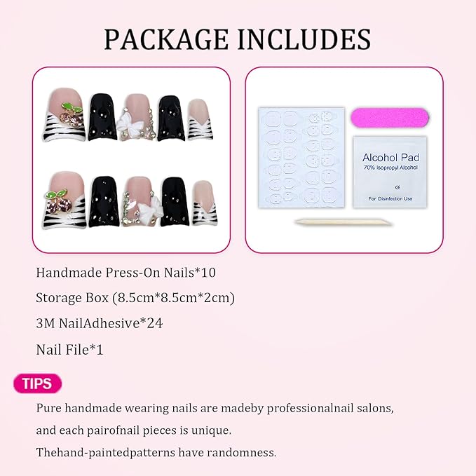 Duck Press on Nails Short Handmade 3D Flower & Cherry Fake Nails Muti-Layer Gel Thick Acrylic Nail Stripe French Tip False Nails with Designs Rhinestones Glossy Black Stick on Nail for Women（S）