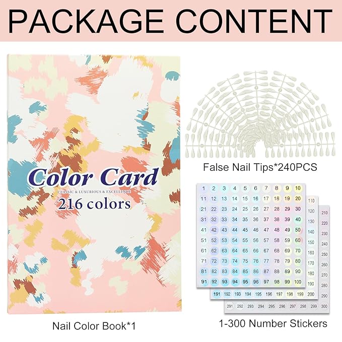 216 Nail Colors Book,Nail Color Display Book with 240 Nail Tips & 1-300 Number Labels,Professional Nail Color Swatches Book for Nail Polish Nails Art Design(Pink)