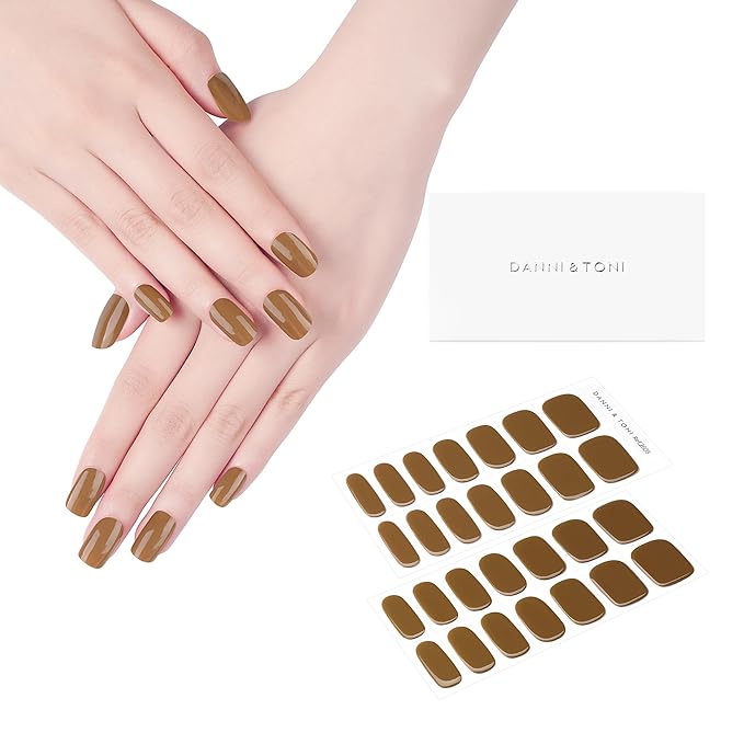 DANNI & TONI Semi Cured Gel Nail Strips Camel Brown (Hazel) Toffee Brown Gel Nail Wraps 28 Stickers