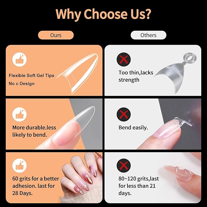 Long Almond Nail Tips,300PCS Soft Gel Pre-Shaped Acrylic Nail Tips X Half Cover Press On Nails, Almond Shape Nails For Nail Extension DIY