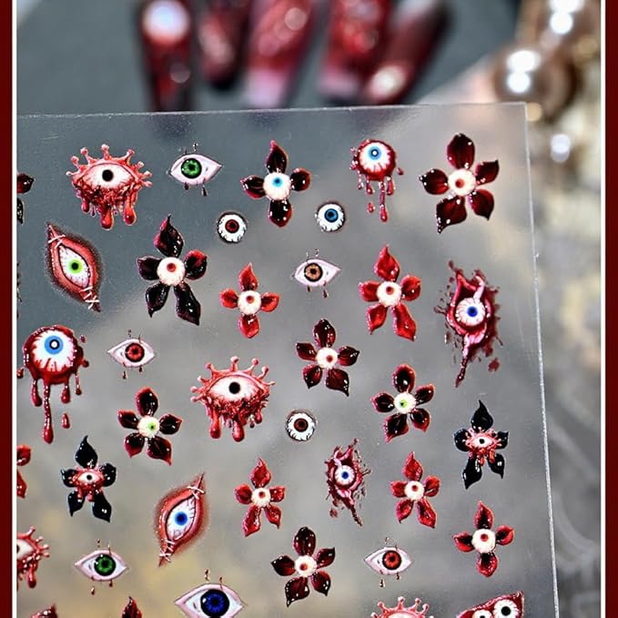 1 Sheet Halloween Nail Stickers 3D Self Adhesive Flower Eyes Nail Art Stickers 5D Embossed Devil's Flower Nail Decals Glossy Red Black Nail Design Holiday Nail Art Supplies for Women Girls