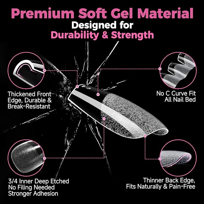 UNA GELLA Gel Nail Tips Coffin Short 15 Sizes Short Coffin Press On Nails Pre-Etched 300pcs Soft Gel Nail Tips Full Cover For Nails Extension Home DIY Salon