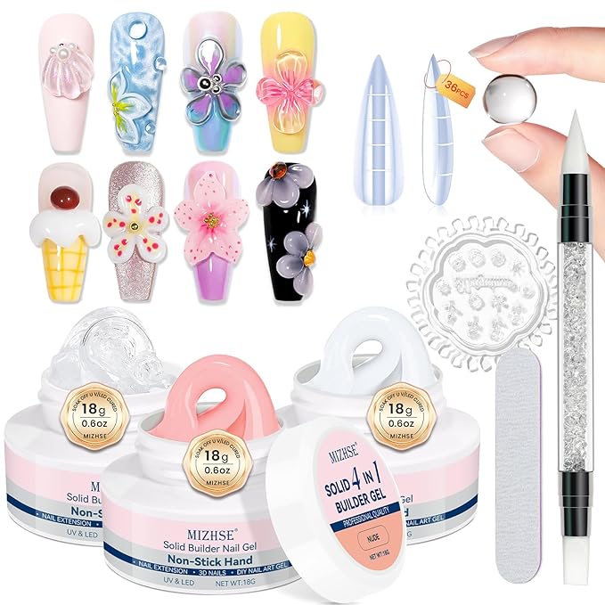 MIZHSE Solid Builder Gel for Nails: 4-in-1 3 Colors Hard Gel for Nails 3D Nail Art for Sculpting with Dual Forms Silicone Pen Soak Off U V LED Manicure Salon DIY Gift