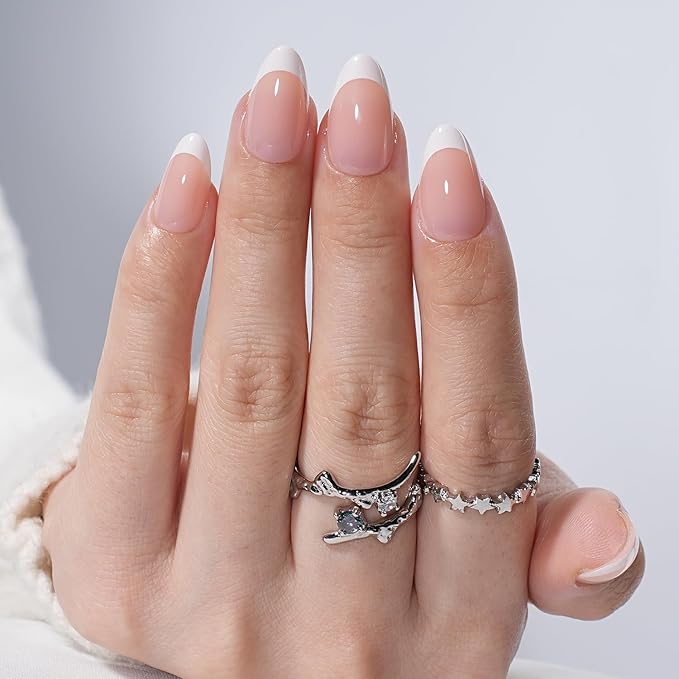 White French Tip Press On Nails - White Short Almond Fake Nails, French Tip Press On Nails Reusable Stick On Nails in 16 Sizes, 32pcs False Nail Kit for Women & Girls