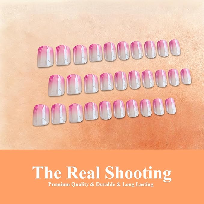 Chrome Ombre Hot Pink Press on Nails Short Square, Glazed Cute Fake Nails with Sparkle Mirror Design, Shiny Glitter Glue on Nails Short, Gradient Nude Fushia Gel Nail Press ons with Glue 30 Pcs