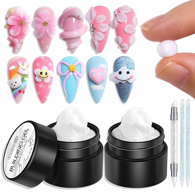2PCS White 3D Sculpting Gel Non-Stick Hand Solid Builder Hard Gel Nail Extension Glue with Silicone Pen for Carving Patterns Decoration 3D Nail Art Manicure Home DIY