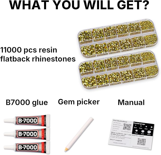 11000Pcs Metallic Gold 2/3/4/5mm Flatback Rhinestones with Glue for Bedazzling Crafting Clothing Clothes Crafts Shoes Nail Art, Resin Flat Back Gems Crystals Diamonds Gemstones Jewels Stones Kit