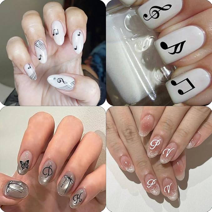 6Pcs Music Note Nail Art Stickers 3D Retro English Letters Nail Stickers Self Adhesive Gold Silver Black Old Alphabet Music Note Pattern Design Nails Decals English Manicure Decoration for Women Girls