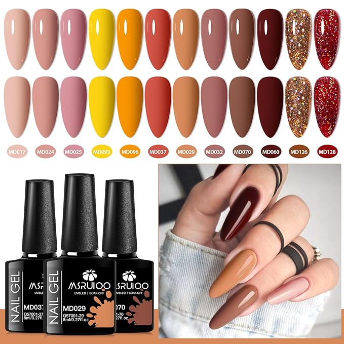 12Pcs Nude Brown Gel Nail Polish Set Caramel Gel Polish Kit Roasted Chestnuts Chocolate Glitter Gel Polish Fall Winter Nail Art Manicure Kit DIY Salon Gift