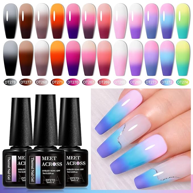 MEET ACROSS 12Pcs Color Changing Gel Nail Polish Set Nude Pink Purple Brown Temperature Mood Changed Nail Polish Gel DIY Salon Gift for Women