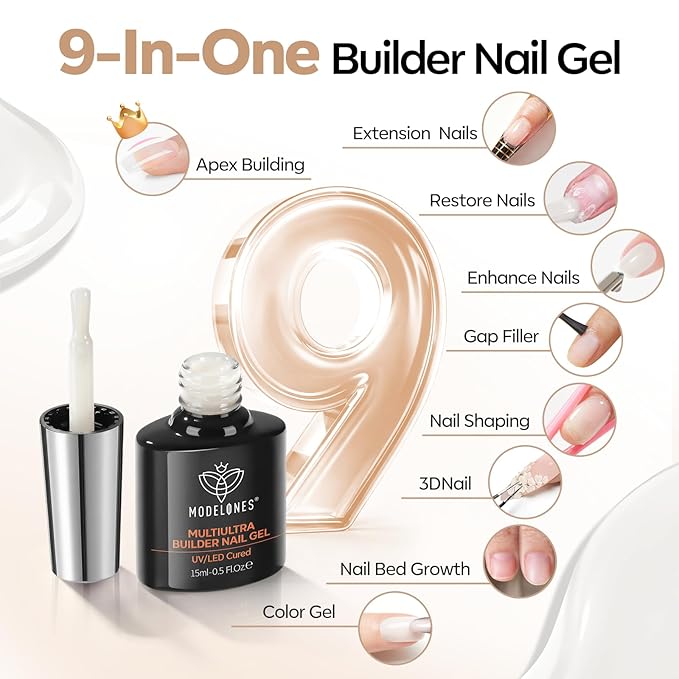 modelones Builder Nail Gel No-Wipe, 9-in-One Nude Pink Builder for Nails, C-Curve Sculpting, Glossy Jelly Finish, No Top Coat Needed LED Lamp Cured Color Rubber Base Gel Polish for Quick DIY Salon