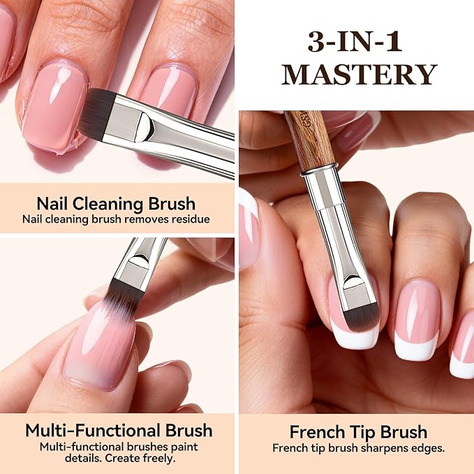 Nail Brush for French Tips and Clean Up | Gel Polish Brush with Wooden Handle & Storage Pouch (French Tip Brush（F18）)