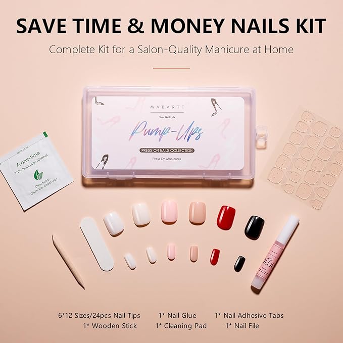 Makartt Press on Nails Kit: Short Classic Monochrome Coffin Tips in 6 Styles 144PCS, Natural Fit with Adhesive Tabs, Nail Glue, and File, Manicure Set for Home Salon