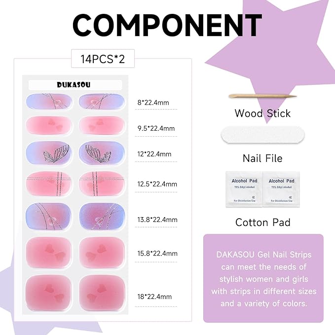 Semi Cured Gel Nail Strips, 28 pcs Gel Nail Stickers Work with Any UV Lights, Long-Lasting Nail Wraps, Stick on Nails for women Easy to Apply & Remove
